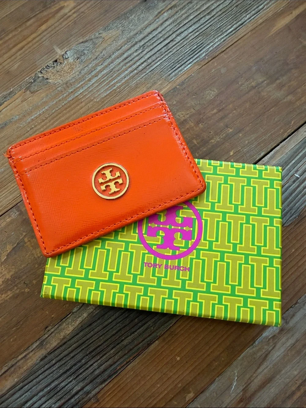 Tory Burch Orange Leather Card Case with Gold Logo